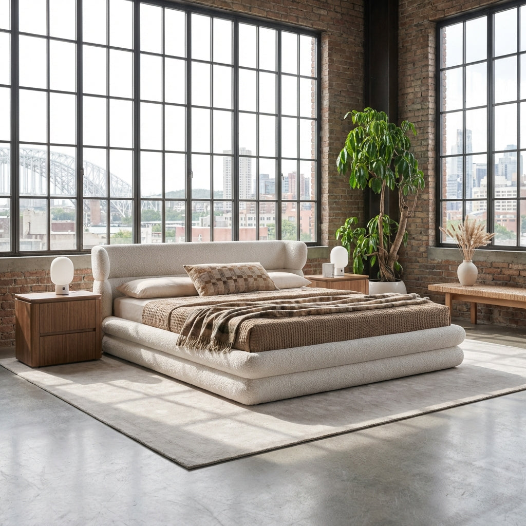 Modern bedroom with a large bed, side tables, and large windows.