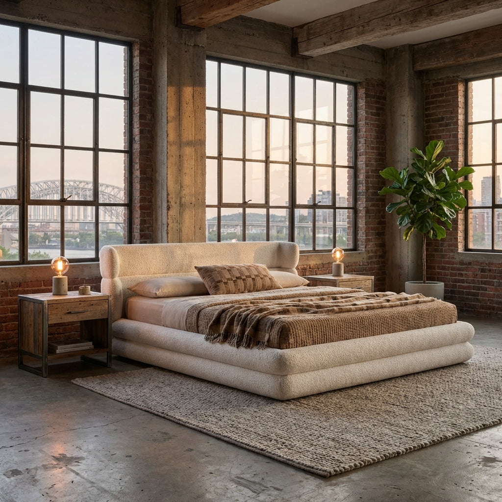 Beige upholstered bed in a room with large windows and brick walls.