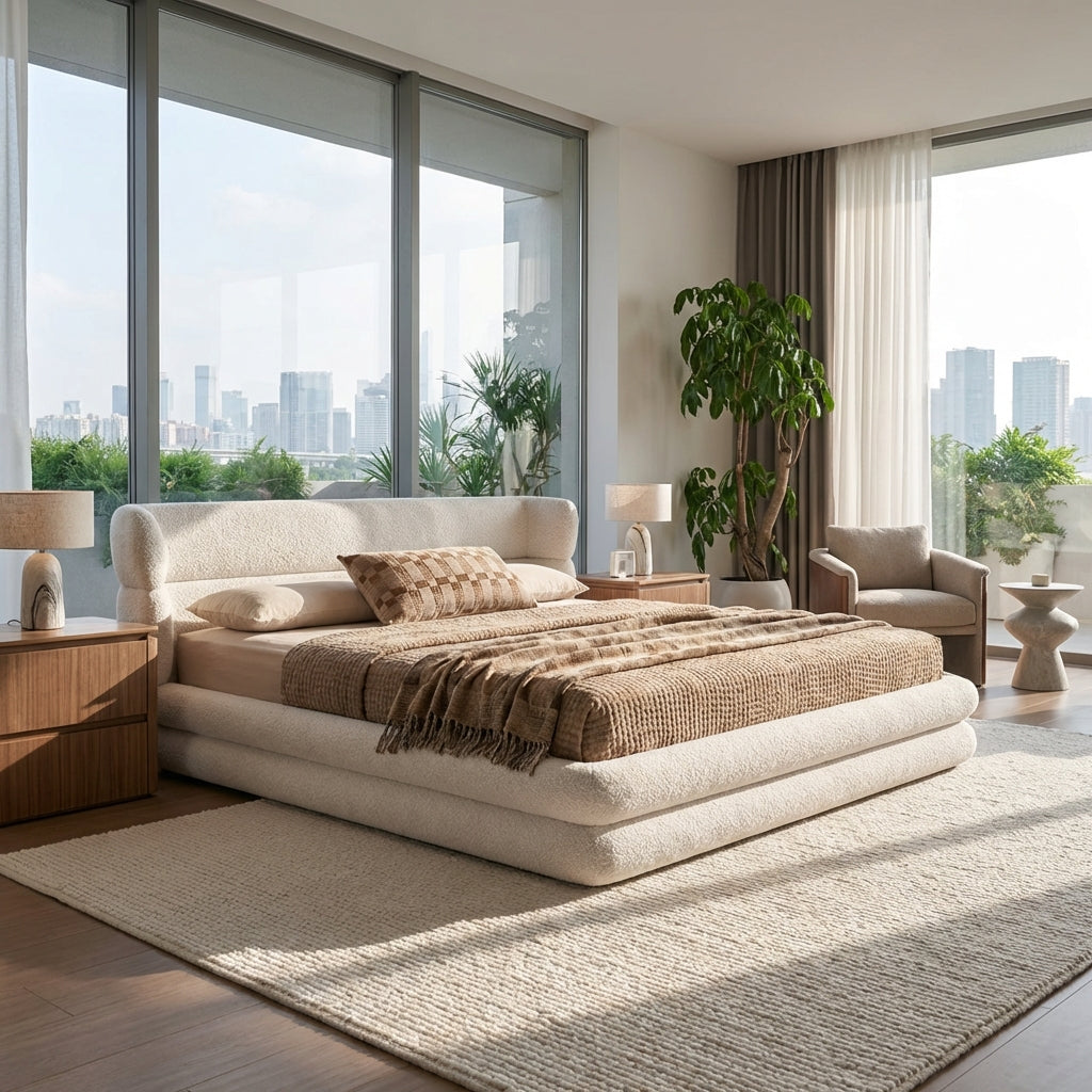 Modern bedroom with a large bed, side tables, and city view