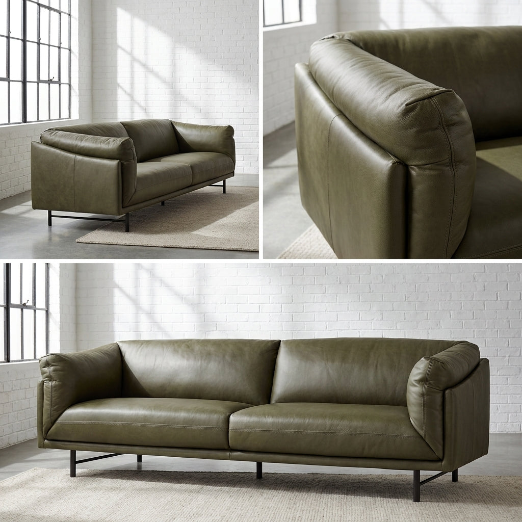 An olive green leather loveseat sofa shown in multiple views: a full front view, a close-up of the armrest, and a wide view. The sofa has a modern low-profile design with black metal legs, set against a bright white brick wall and window background.