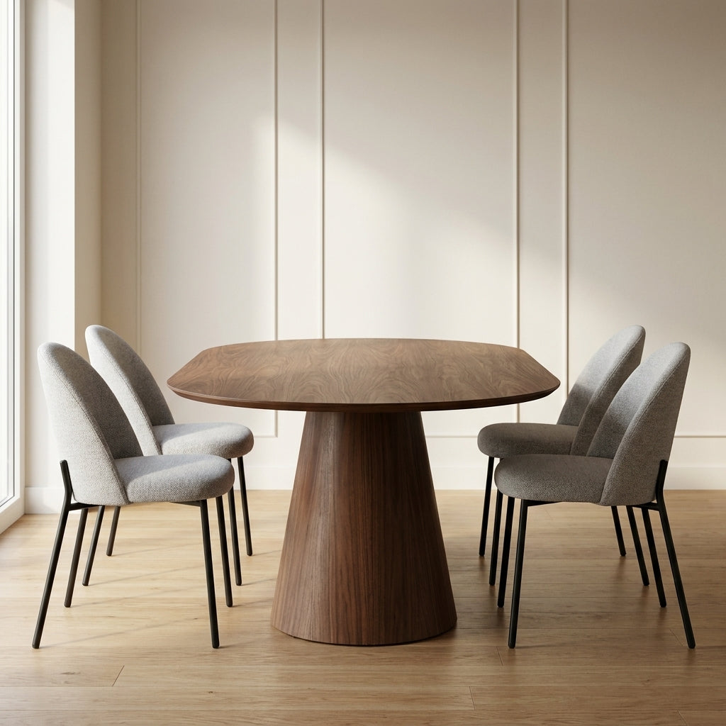 A modern dining set featuring a round wooden table with a tapered pedestal base and four upholstered gray chairs with black metal legs, set in a minimalist dining room with light wood floors and paneled cream walls.