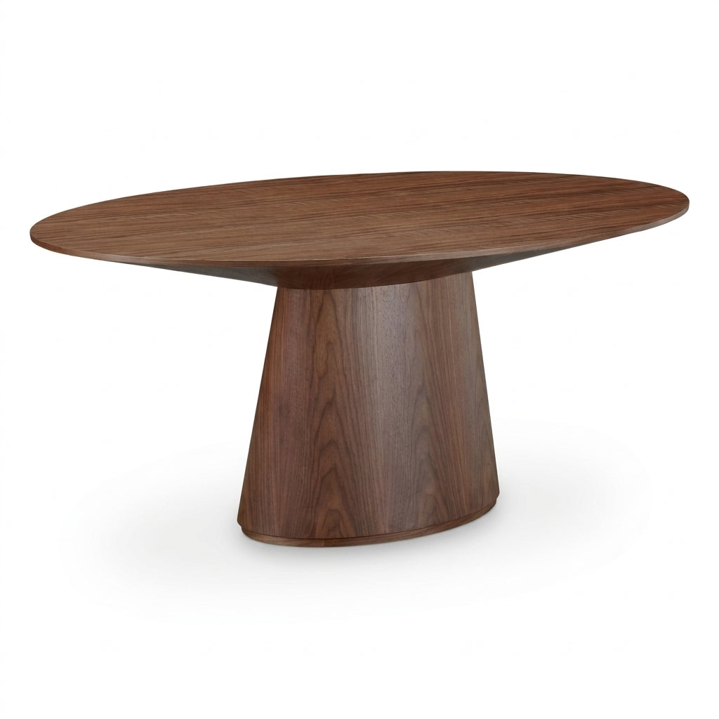 An oval wooden dining table with a tapered pedestal base, crafted from dark walnut wood with visible grain patterns, shown on a solid white background.
