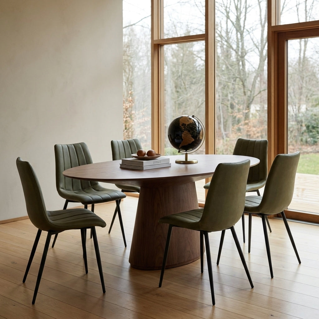 A round wooden dining table with a chunky pedestal base, surrounded by six olive green upholstered chairs with black metal legs, set in a bright room with large windows and a globe on the table.