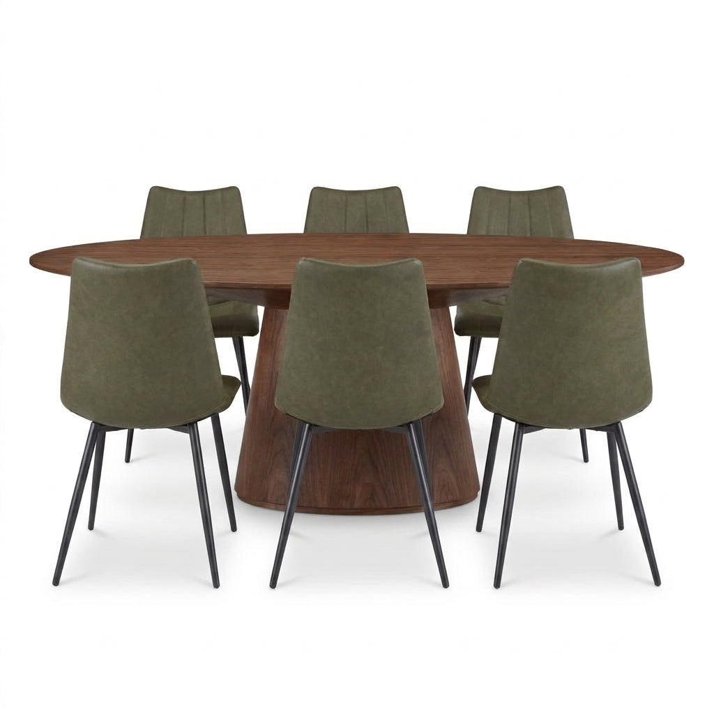 An oval dining table with a medium brown wood finish and six matching upholstered dining chairs in olive green with black metal legs, shown on a solid white background.