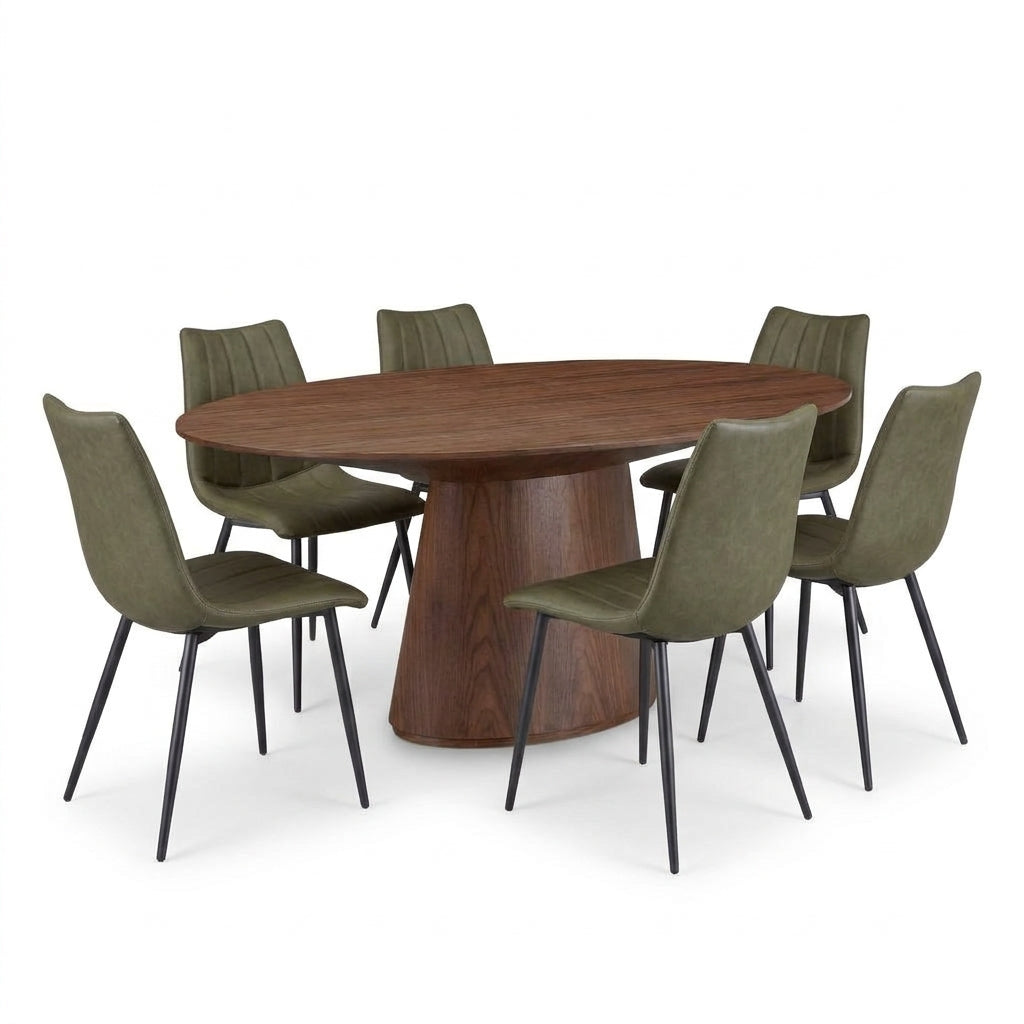 An oval wooden dining table with a chunky pedestal base, surrounded by six upholstered dining chairs in olive green with black metal legs, shown on a solid white background.
