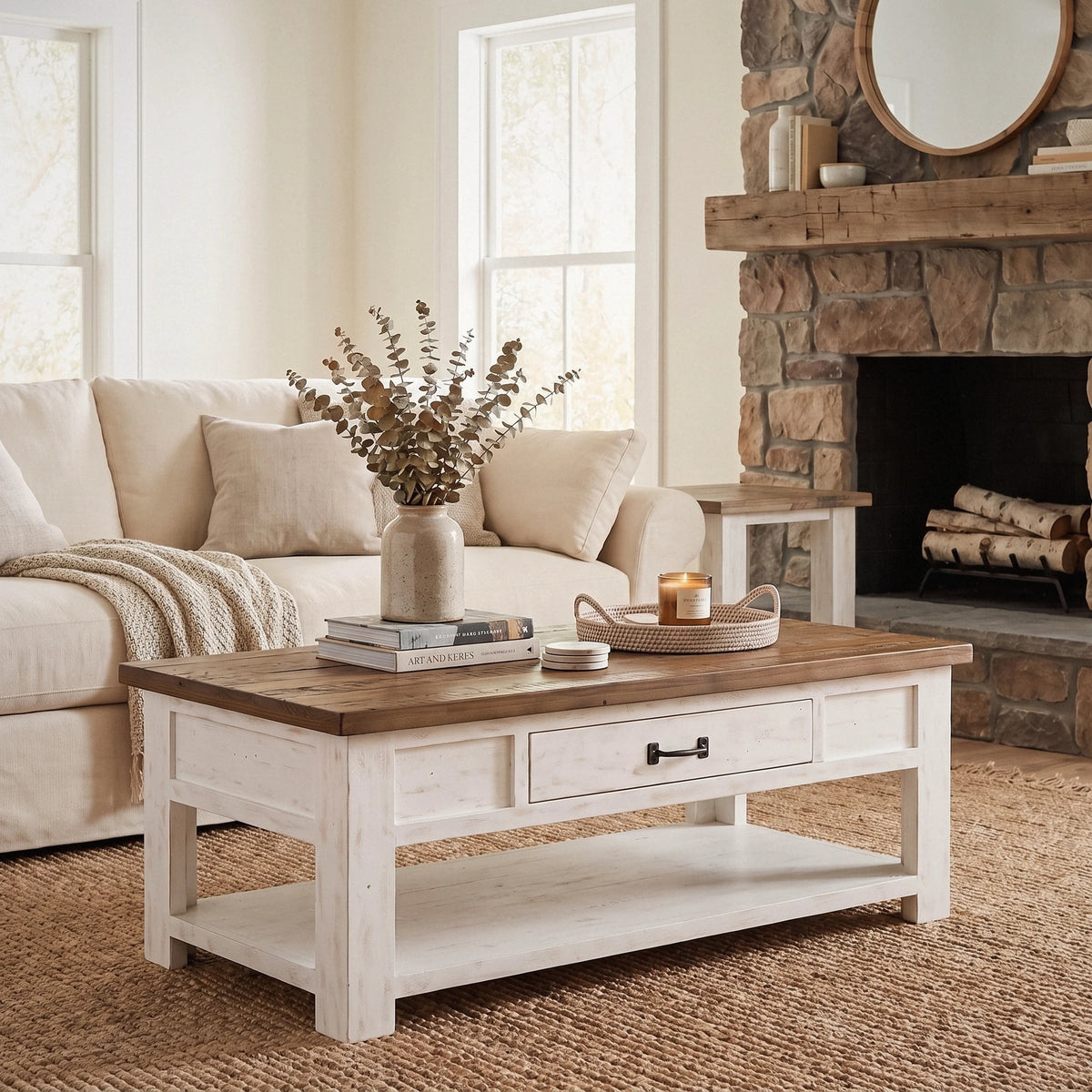 Preston Coffee Table with 1 side table, styled in a living room