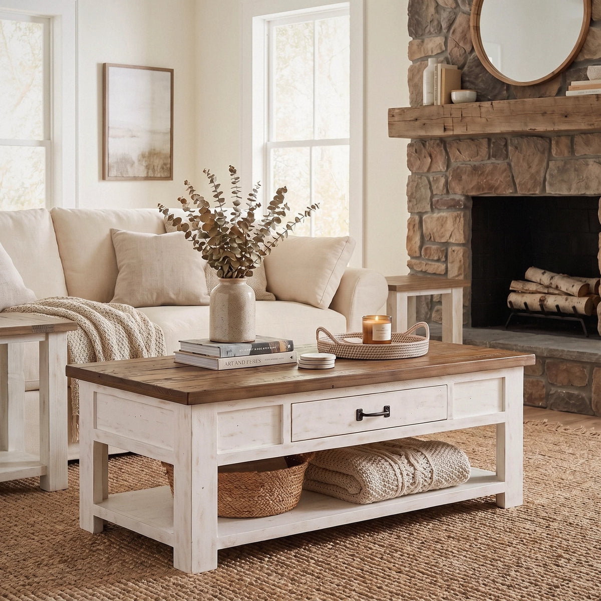 Preston Coffee Table with 2 side tables, styled in a living room