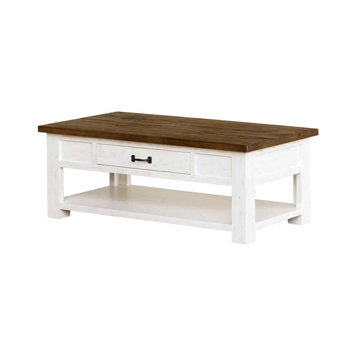 Preston Coffee Table in Antique White, front view, reclaimed pine