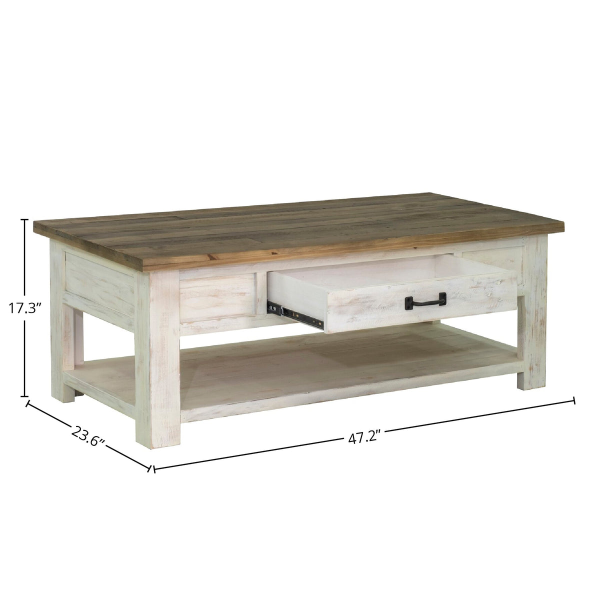 Preston Coffee Table in Antique White, dimensions diagram 47¼" x 23½"