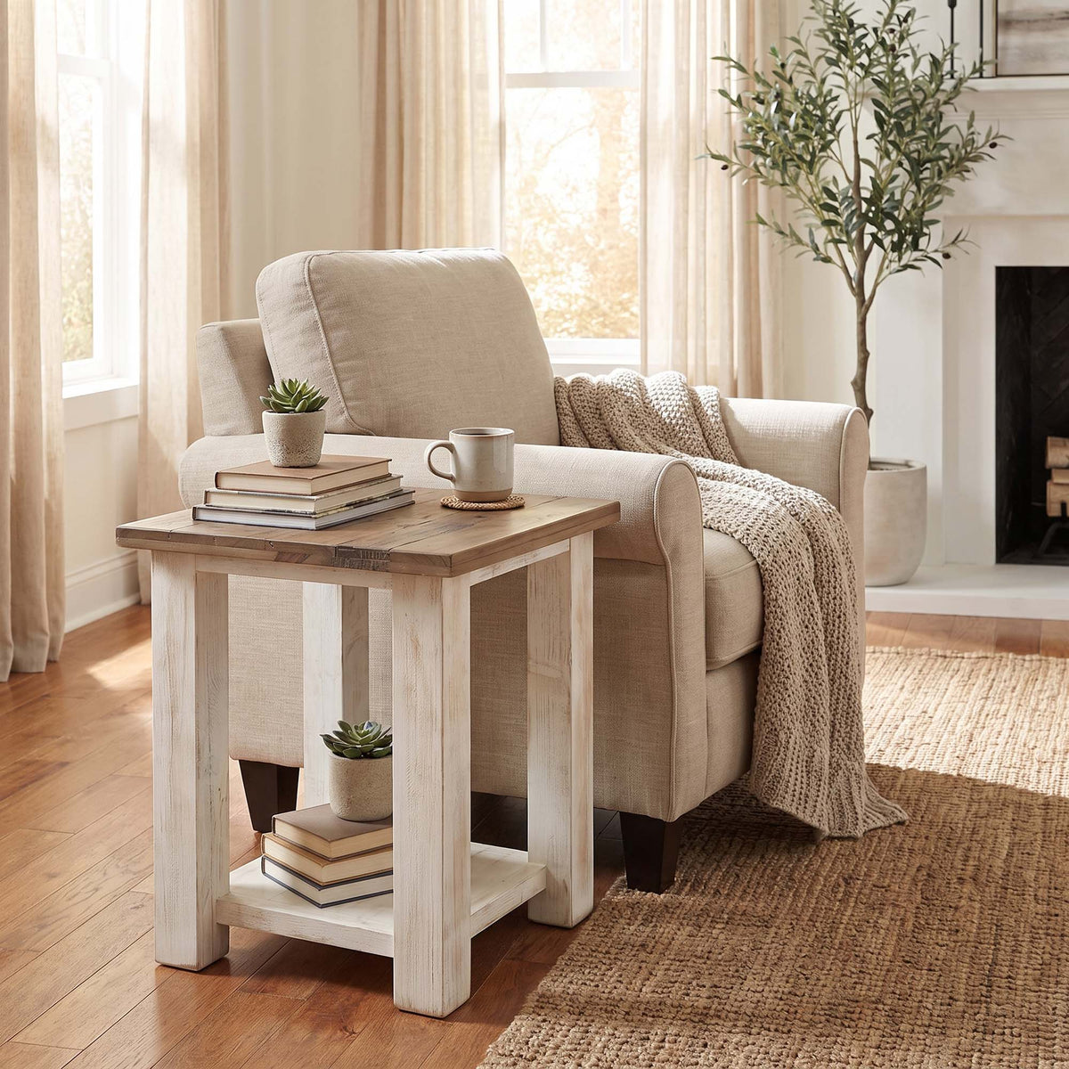 Preston Side Table in Antique White, styled in a living room