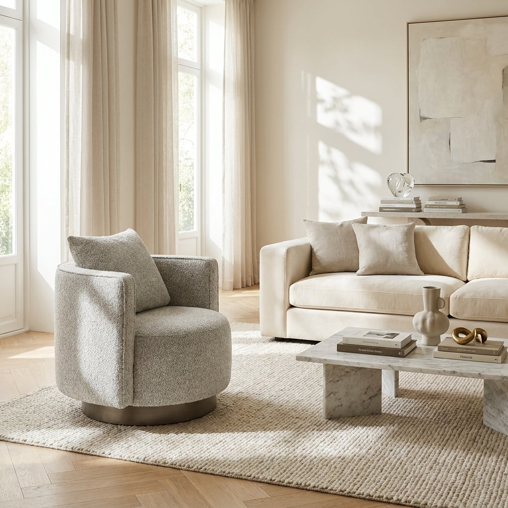 Modern living room with a gray armchair and beige sofa.