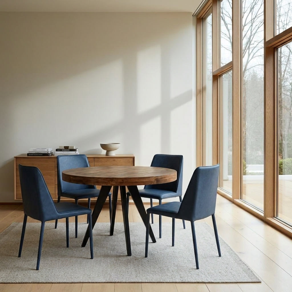 A round wooden dining table with black angled legs, surrounded by four dark blue upholstered chairs, set on a light gray rug in a bright room with large windows and natural light.