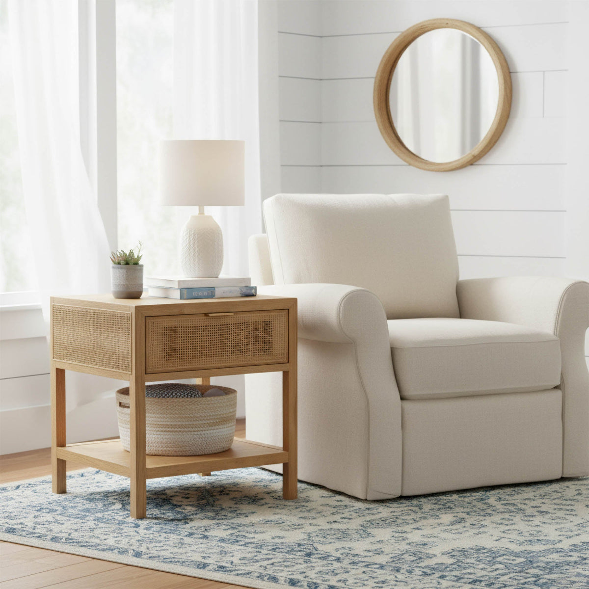 Corwin Side Table in Natural, styled in a living room