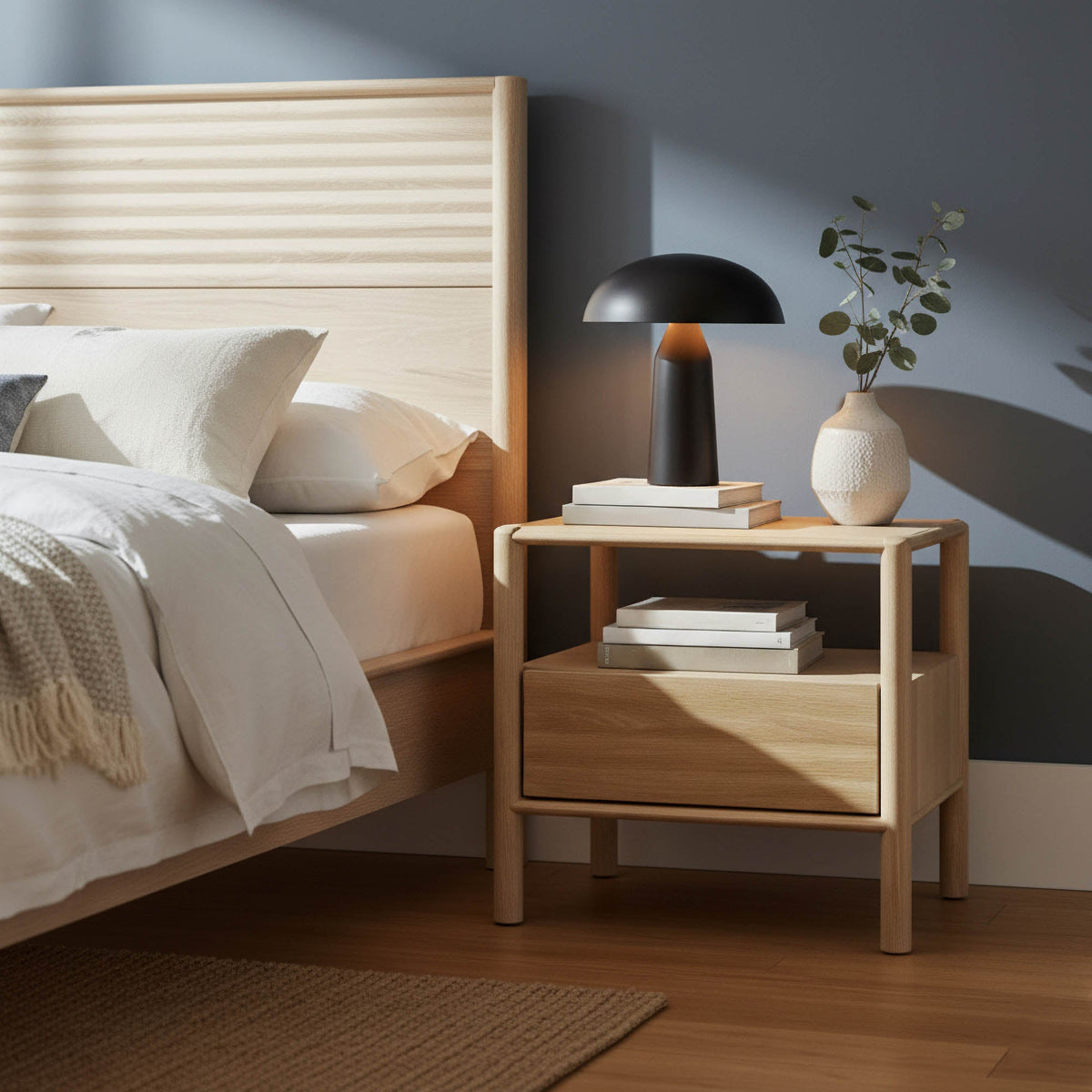 Ridgeline Nightstand in Light Oak, styled in a bedroom