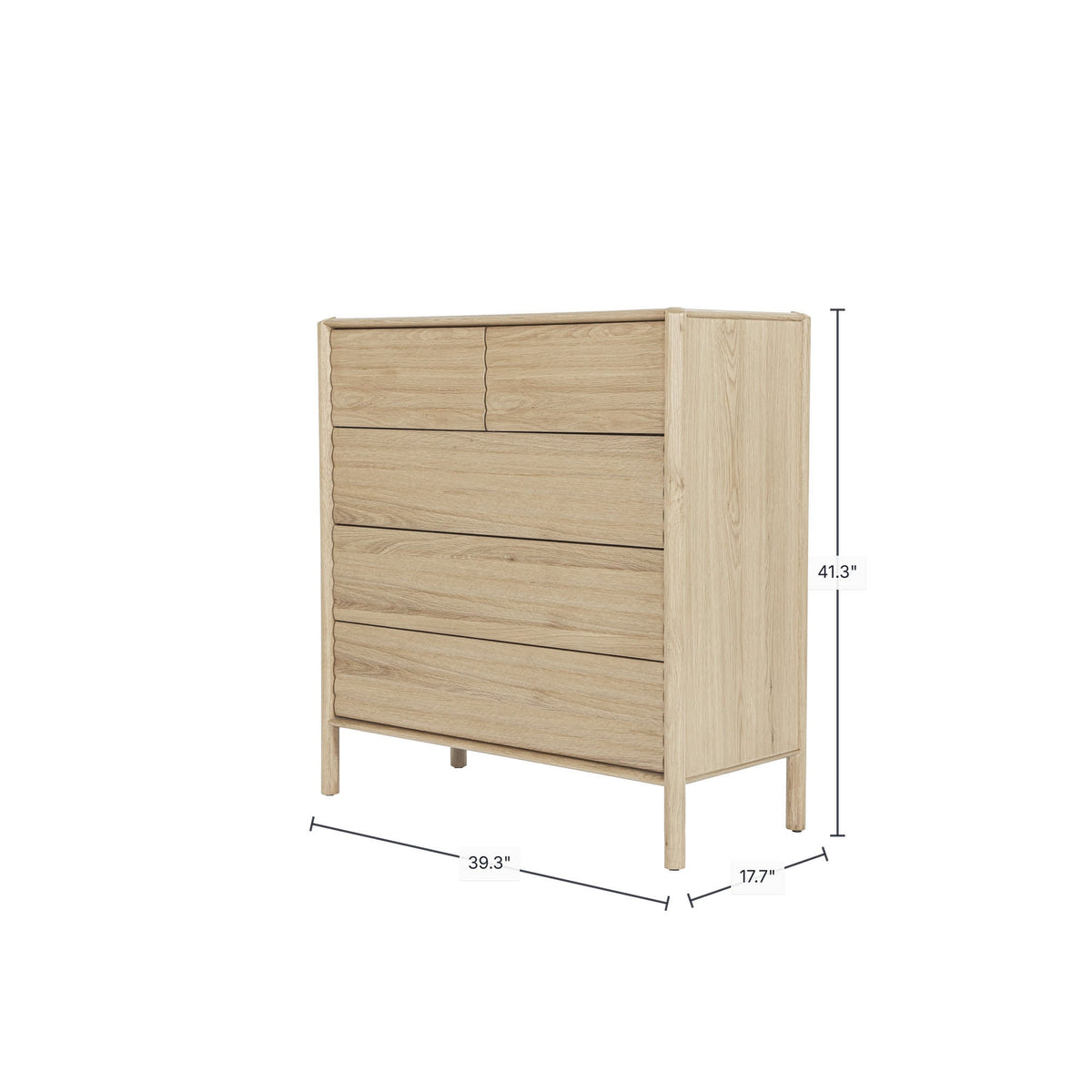Ridgeline 5 Drawer Chest in Light Oak, dimensions diagram 39¼" x 17¾"