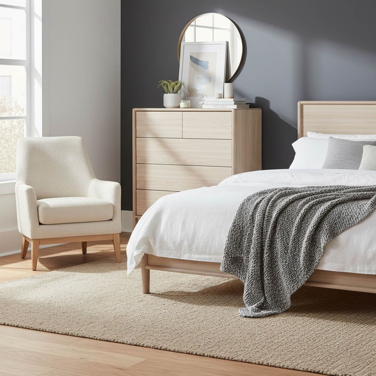 Ridgeline 5 Drawer Chest in Light Oak, styled in a bedroom, view 2