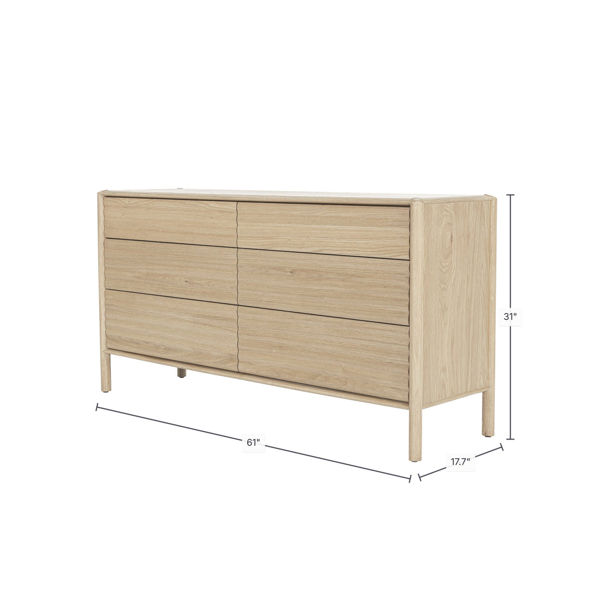 Ridgeline 6 Drawer Dresser in Light Oak, dimensions diagram 61" x 17¾"