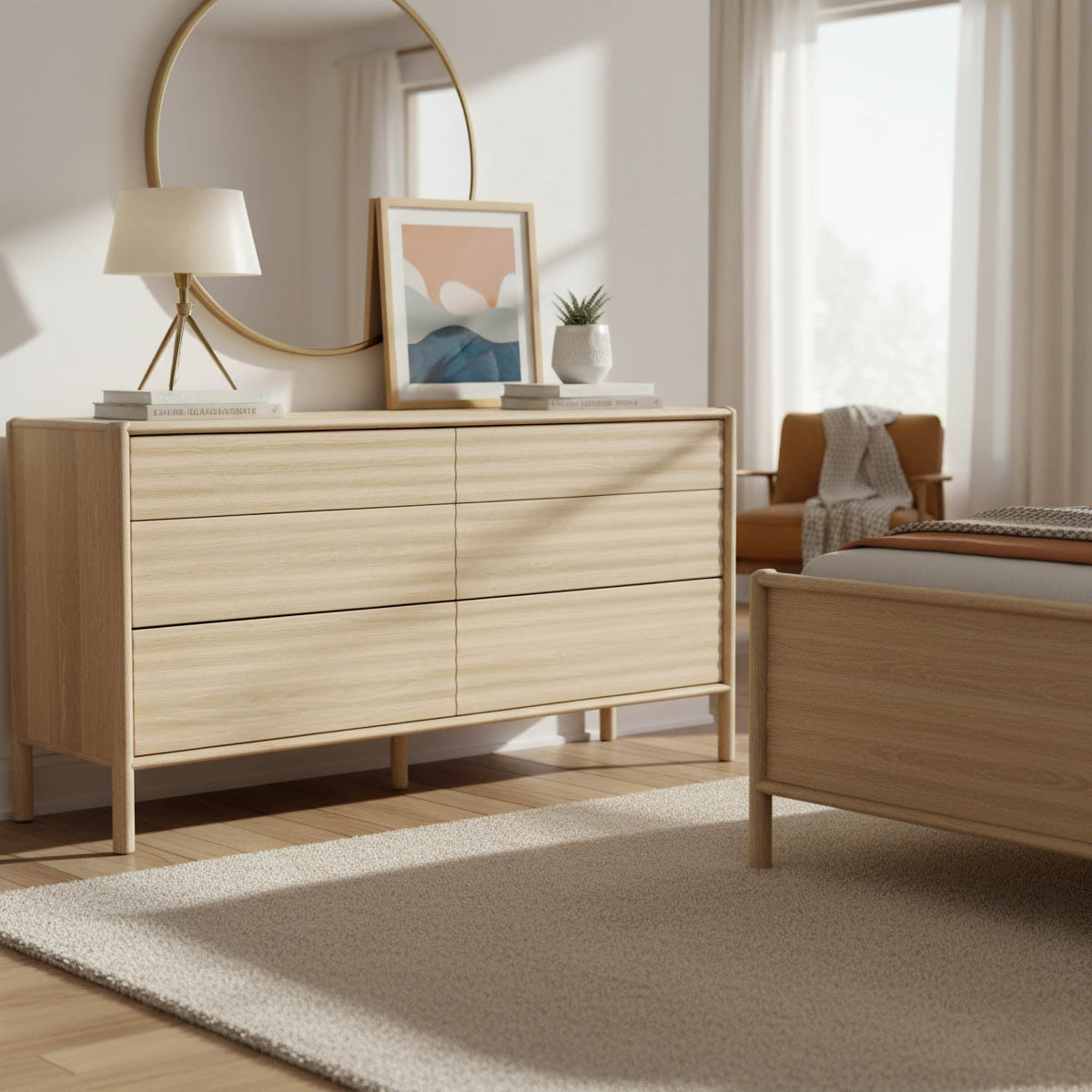 Ridgeline 6 Drawer Dresser in Light Oak, styled in a bedroom