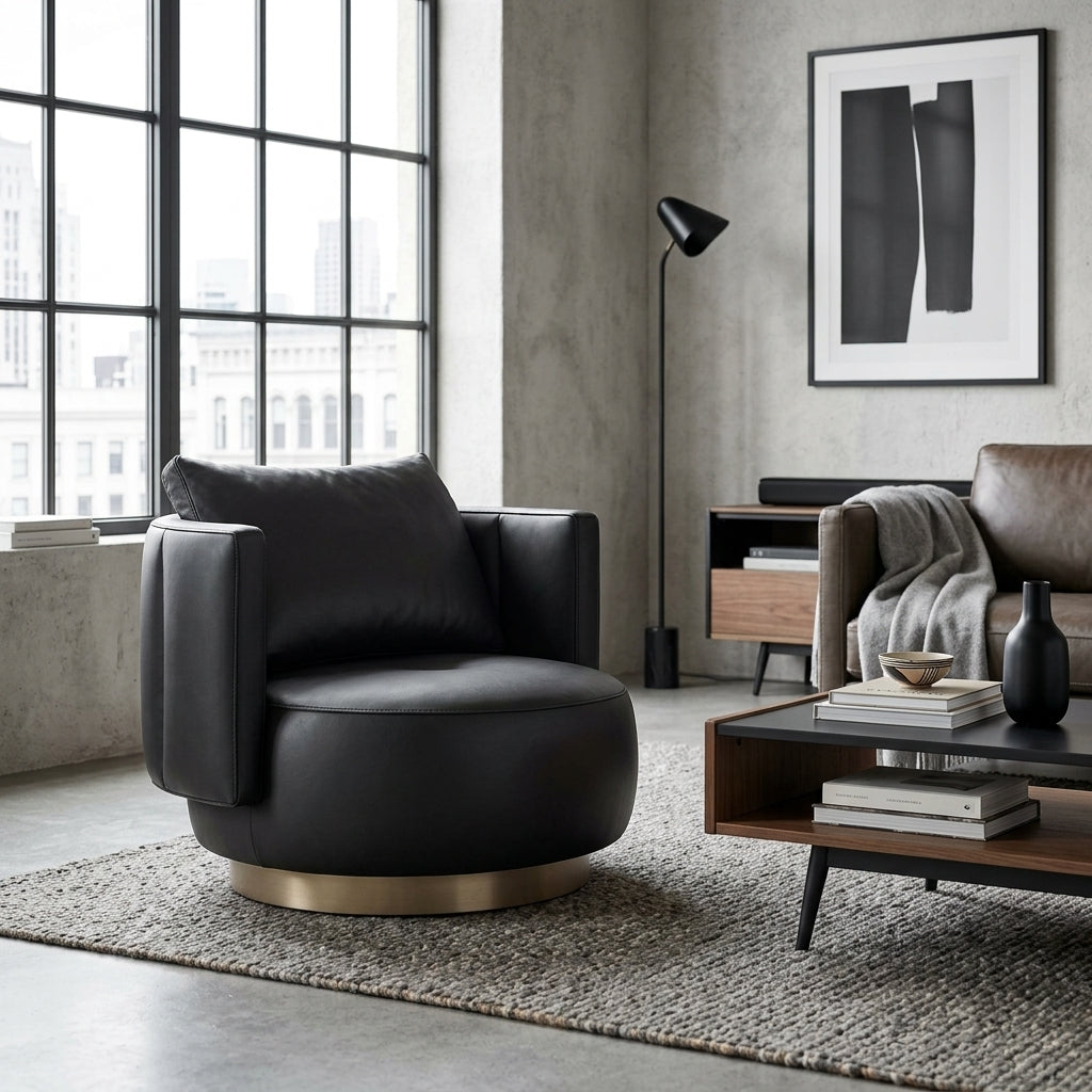 Modern living room with a black armchair, coffee table, and abstract art on the wall.
