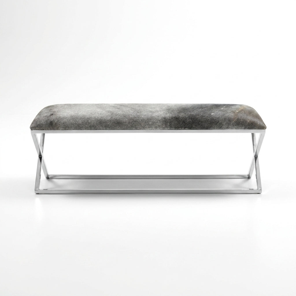 A modern bench with a textured gray upholstered seat and a polished silver metal frame, shown against a clean white background.