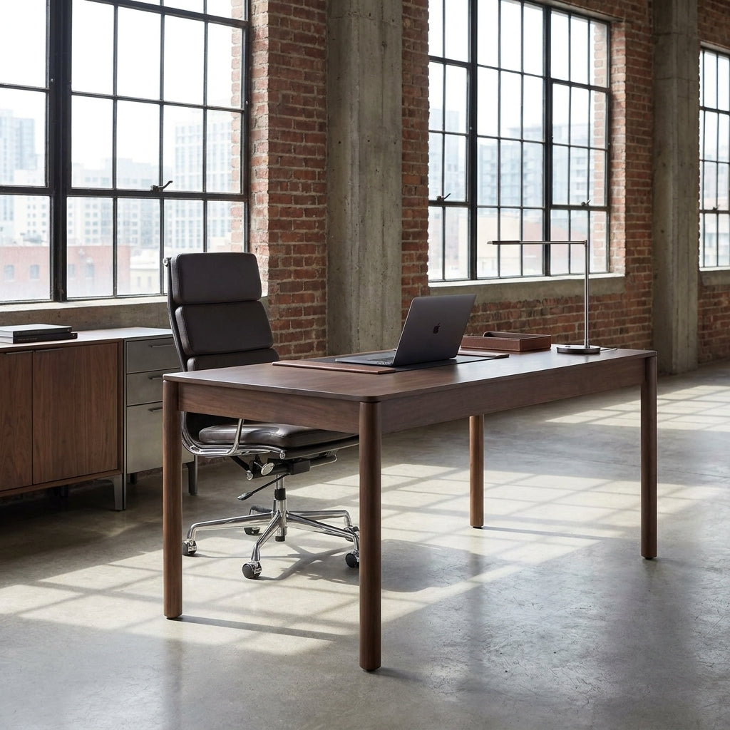 A modern wooden writing desk in a dark brown finish is styled in a loft office setting with exposed brick columns, large industrial windows, and a black leather office chair.