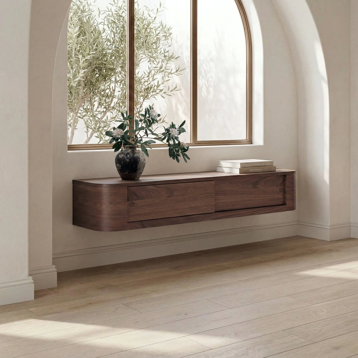 Ostuni Floating Console Table, styled in a room