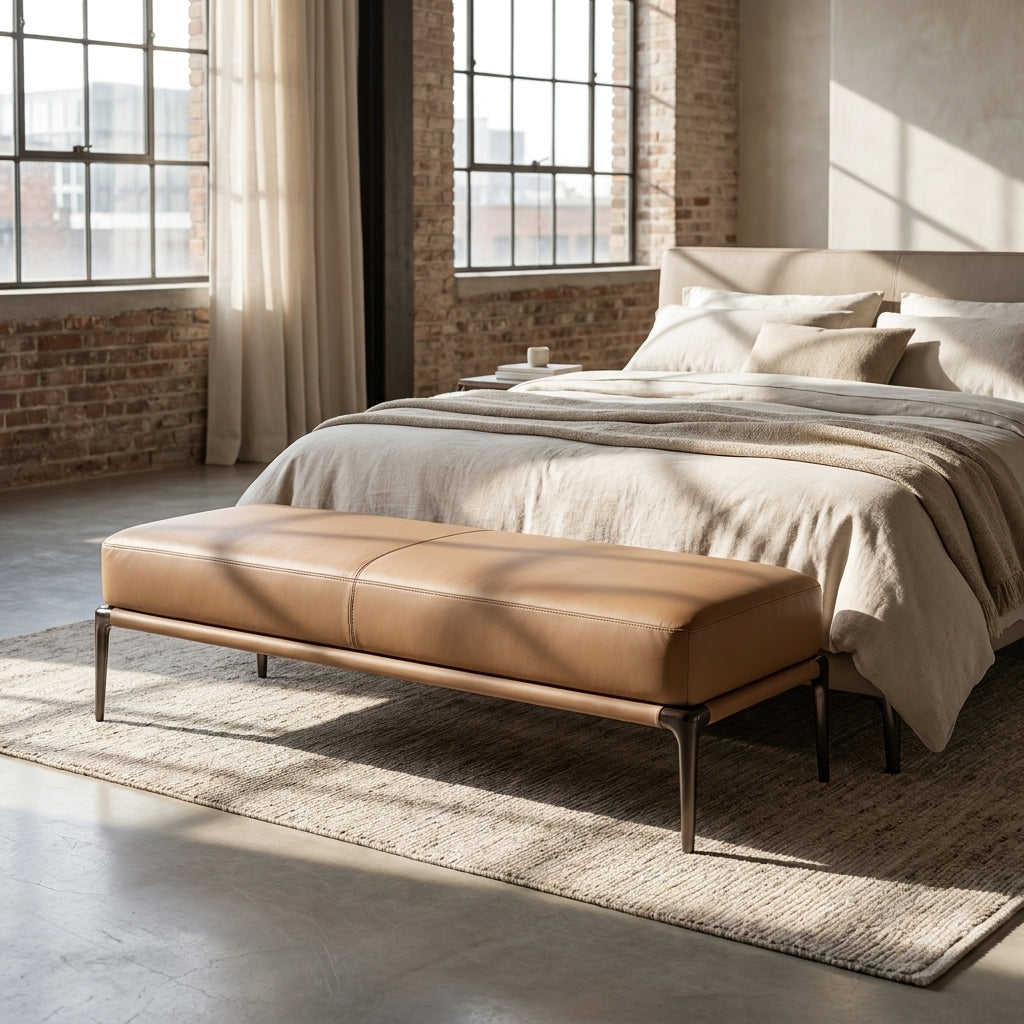 Beige leather bench in front of a bed with neutral bedding in a room with large windows and brick walls.