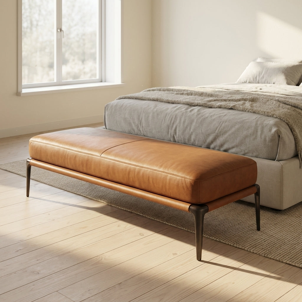 Brown leather bench in a bedroom with a bed and window in the background