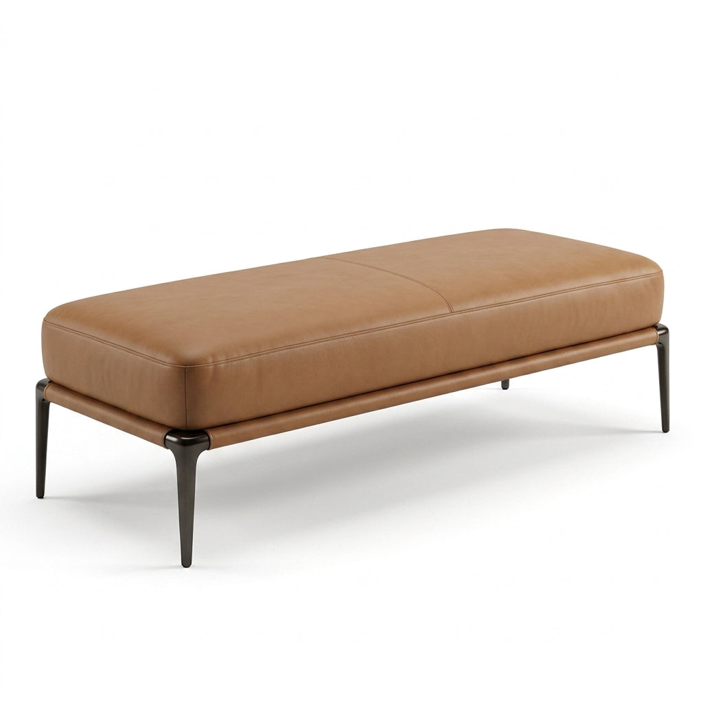 Brown leather bench with black metal legs on a white background