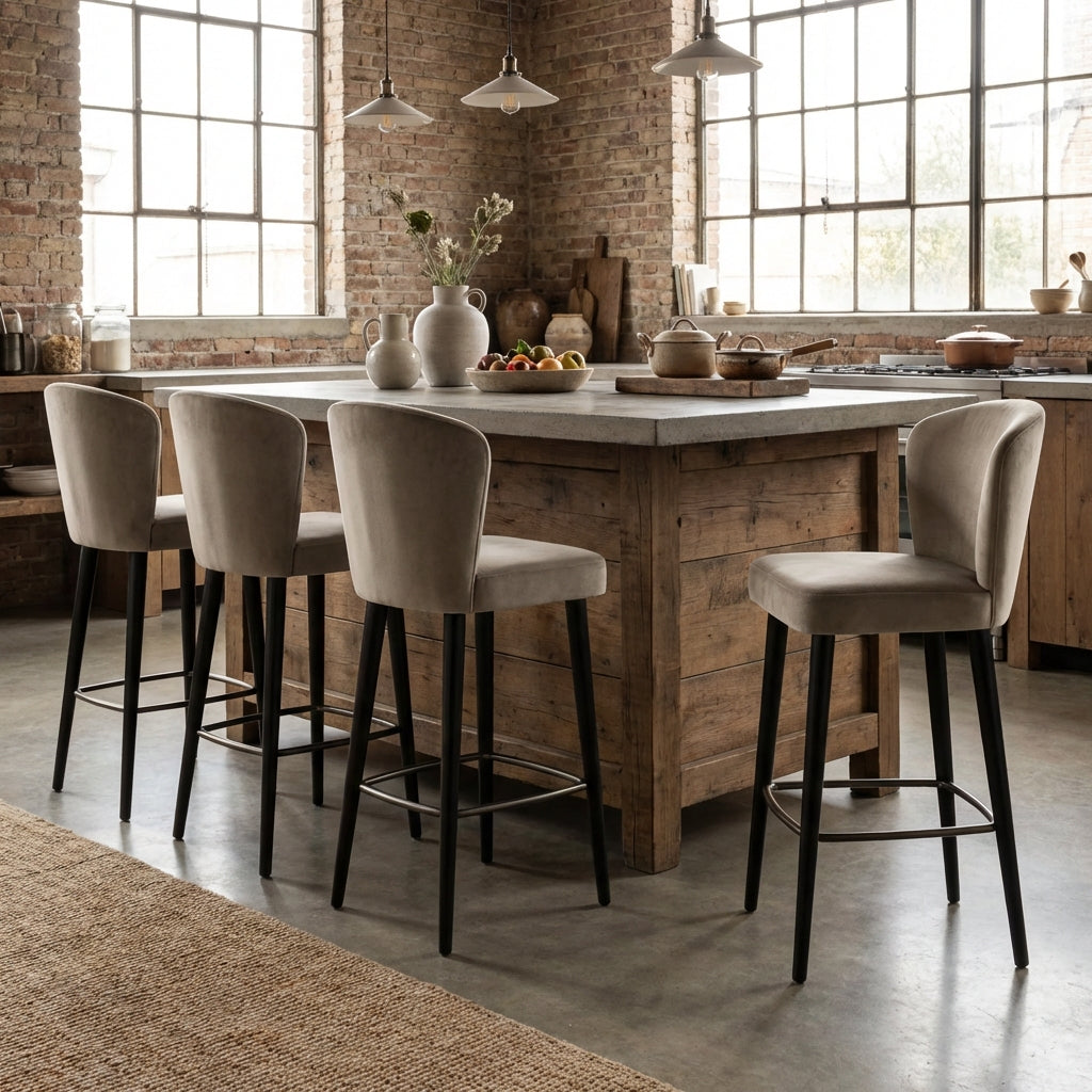 Modern kitchen with wooden island and bar stools, large windows, and brick wall.