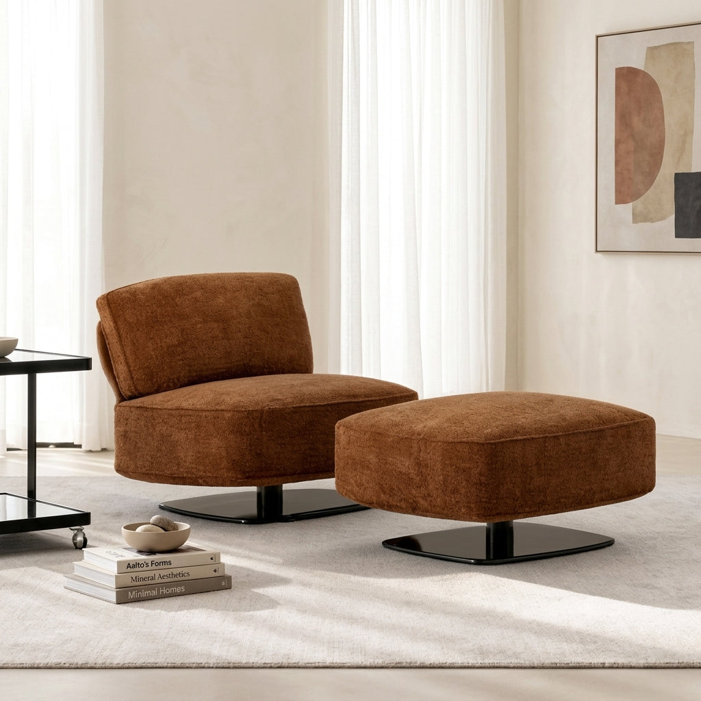 Brown upholstered chair and ottoman in a modern living room setting.
