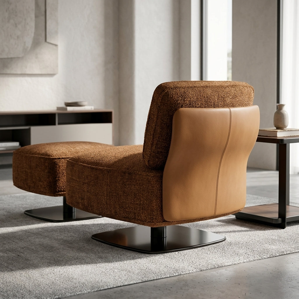 Brown armchair in a modern living room setting with light gray walls and a rug.