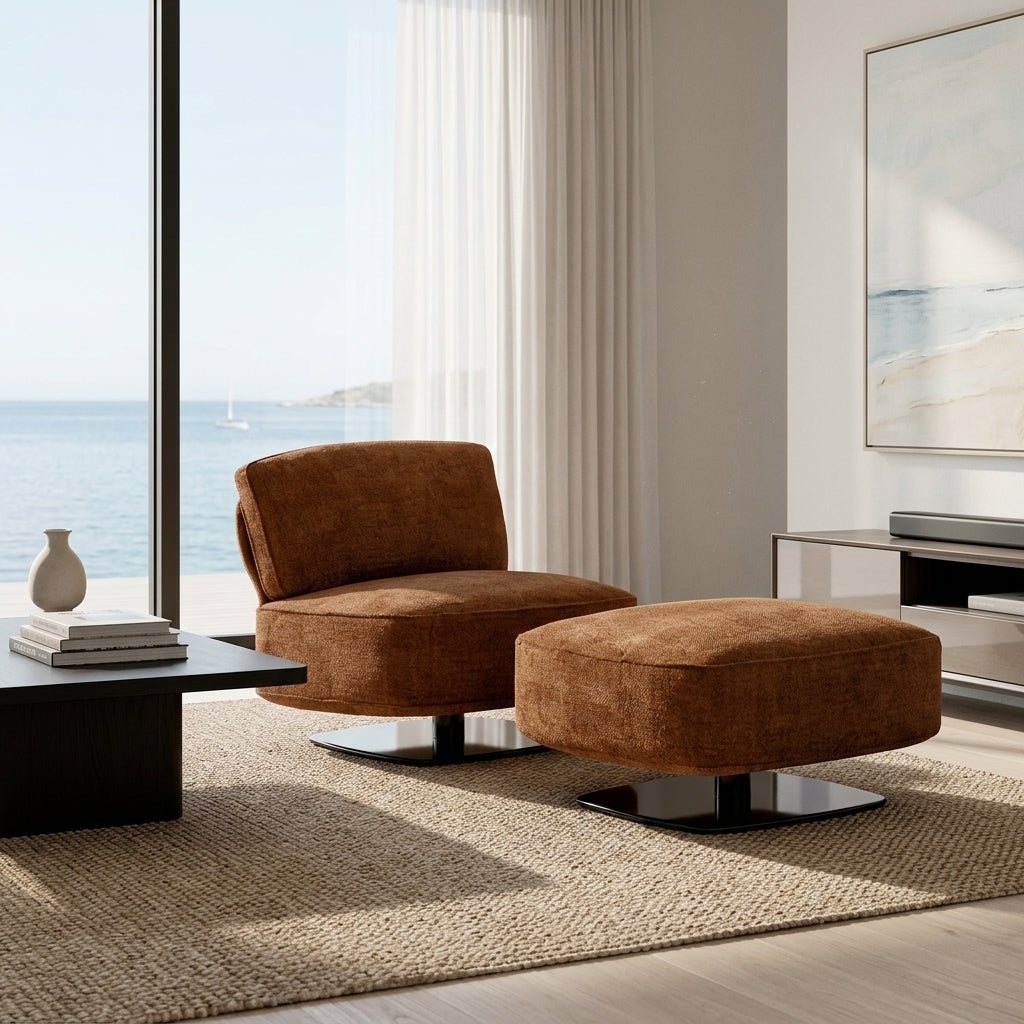 Brown armchair and ottoman in a modern living room with a view of the ocean.
