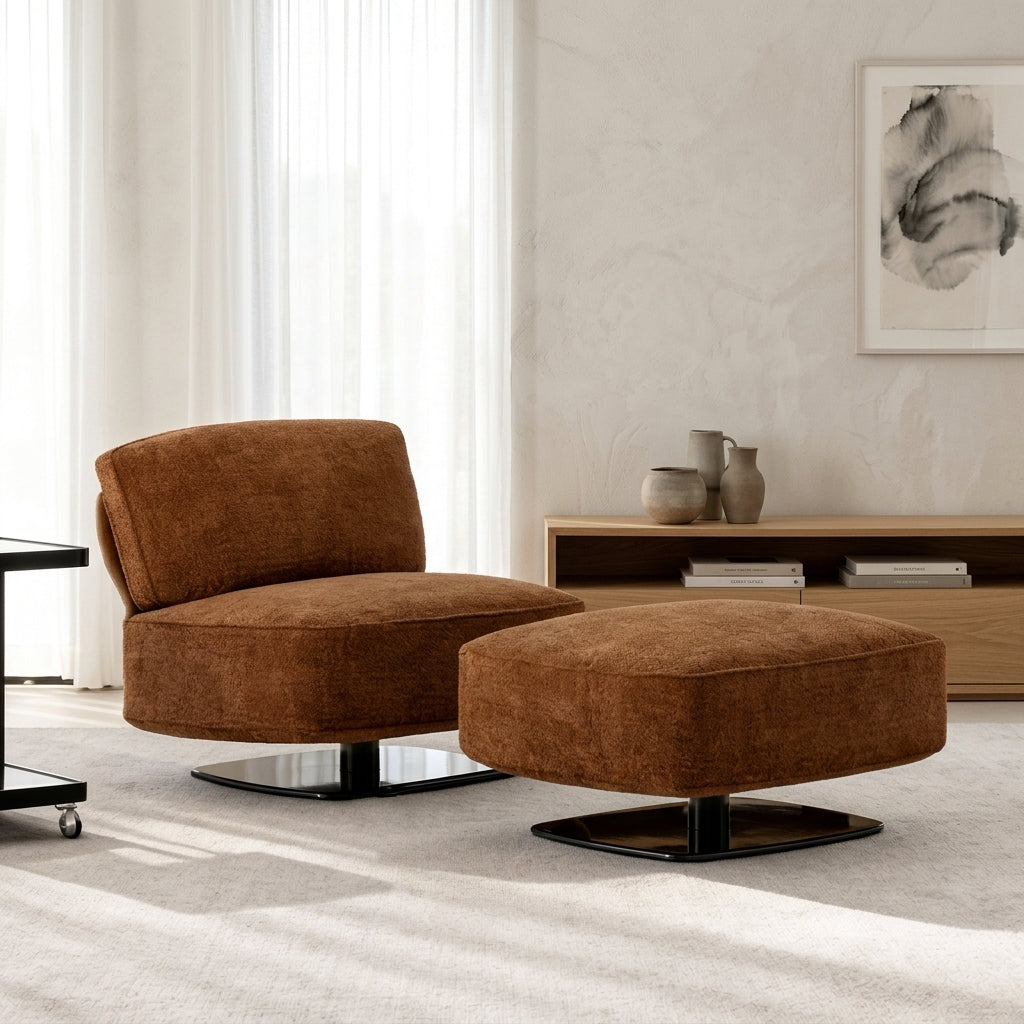 Brown upholstered chair and ottoman in a modern living room setting.