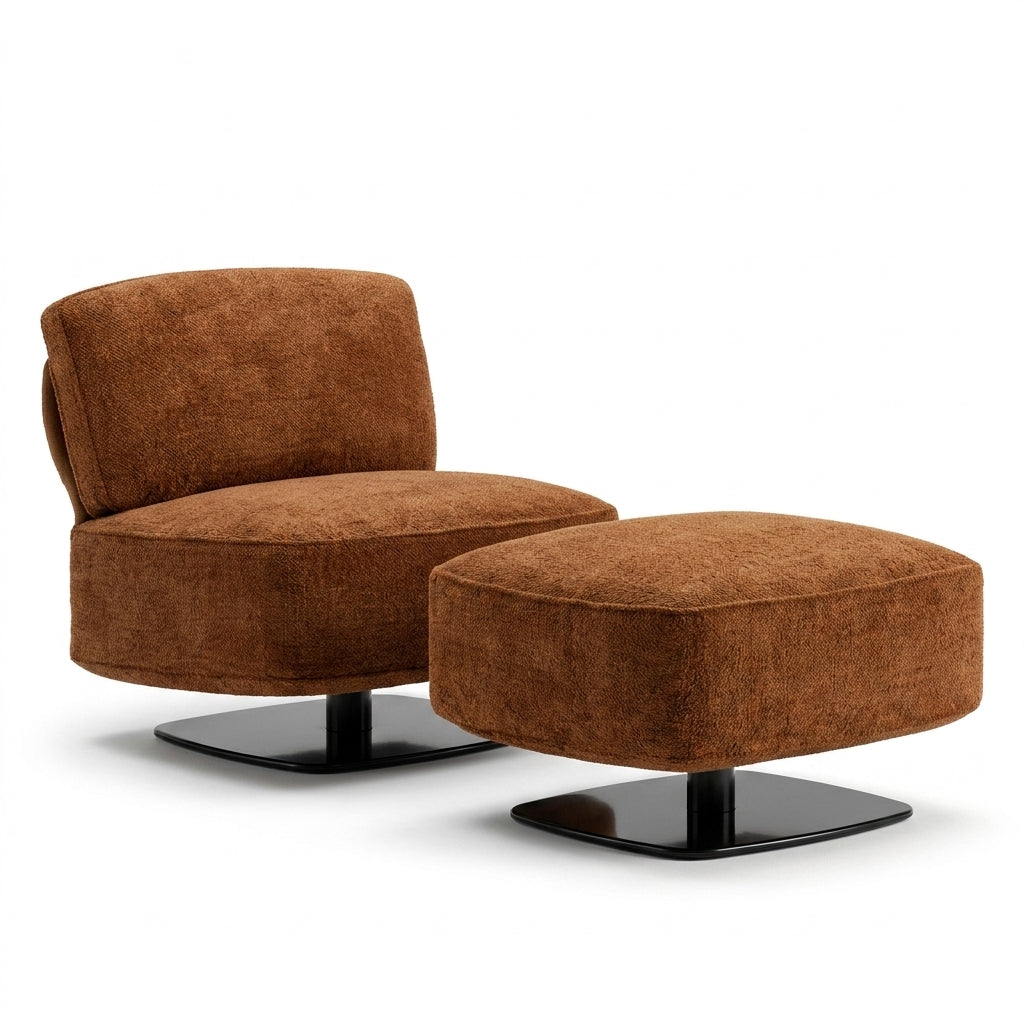 Brown upholstered chair and ottoman set on a white background