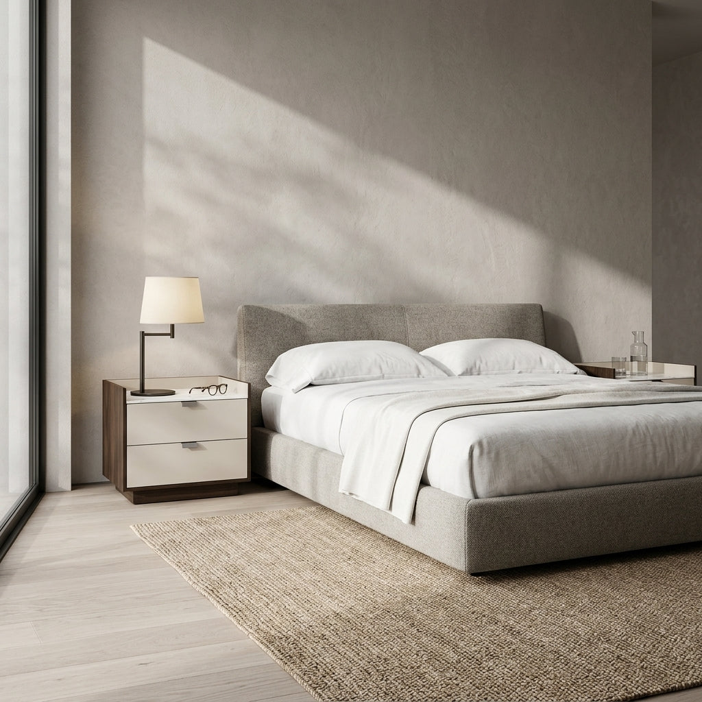 Modern bedroom with a bed, nightstands, and lamp in a neutral color scheme.