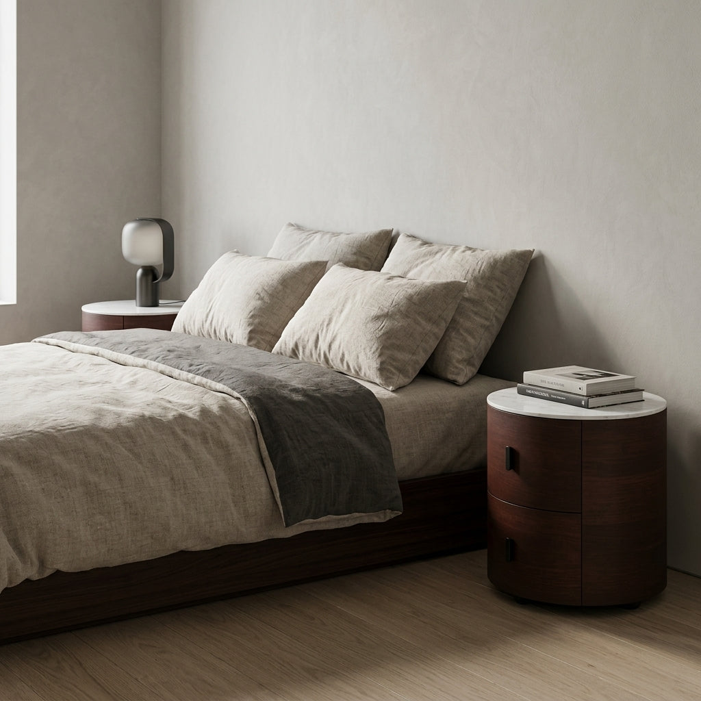Modern bedroom with a bed and side table against a neutral wall.