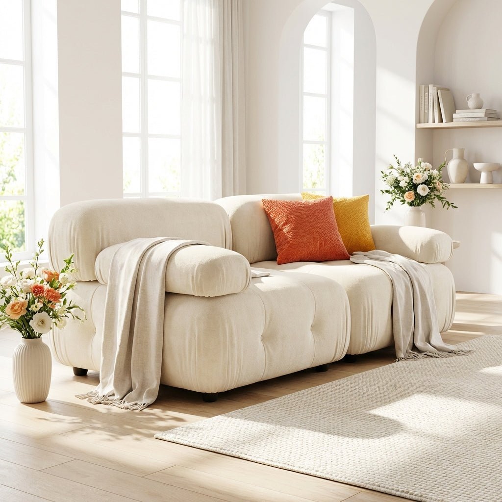 Aarhus Cloud Sofa in natural linen blend over solid oak frame — stain resistant, reversible cushions, multiple widths from 120 to 360cm