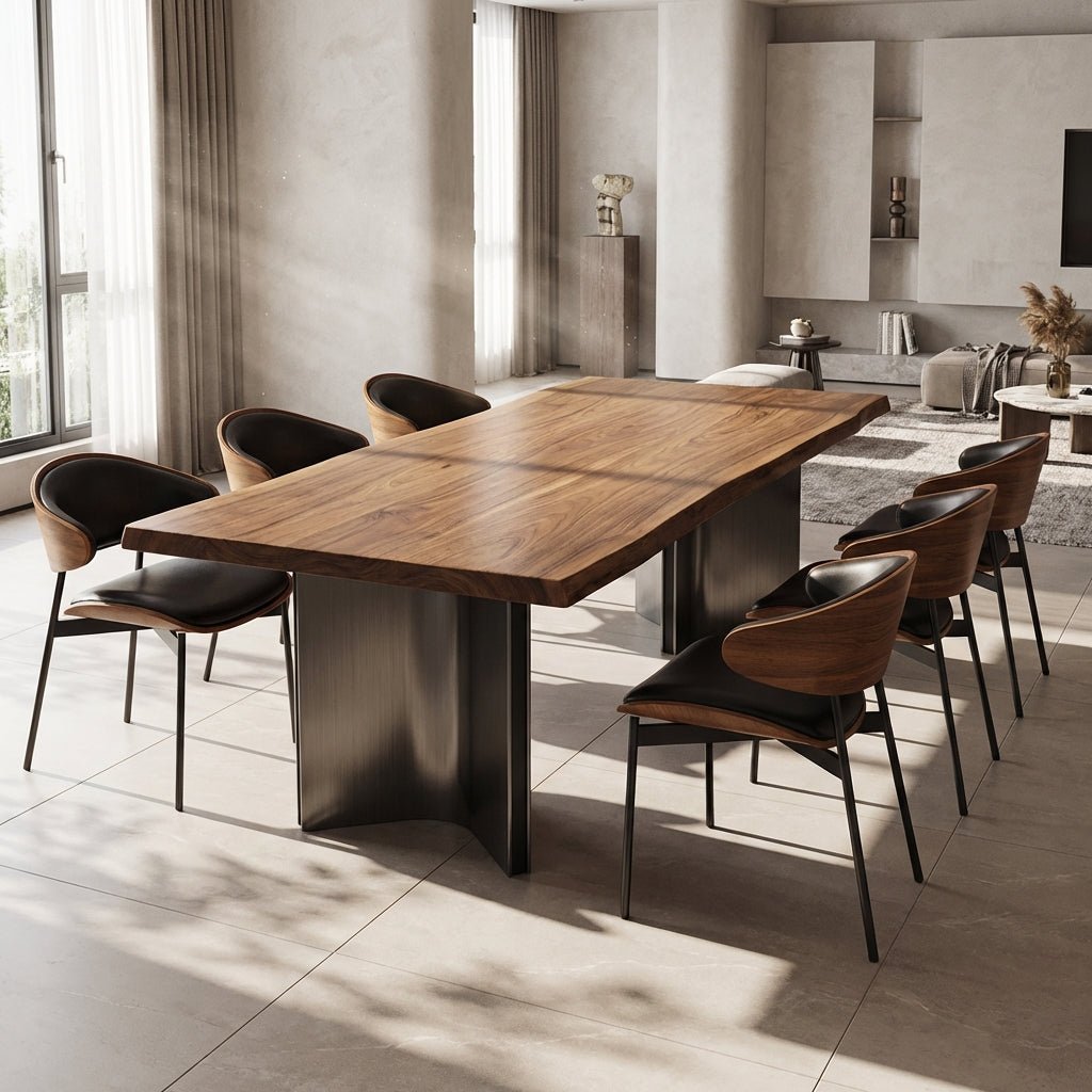 Aero Curve Walnut and Leather Dining Set with six chairs — Altera Home Design Canada
