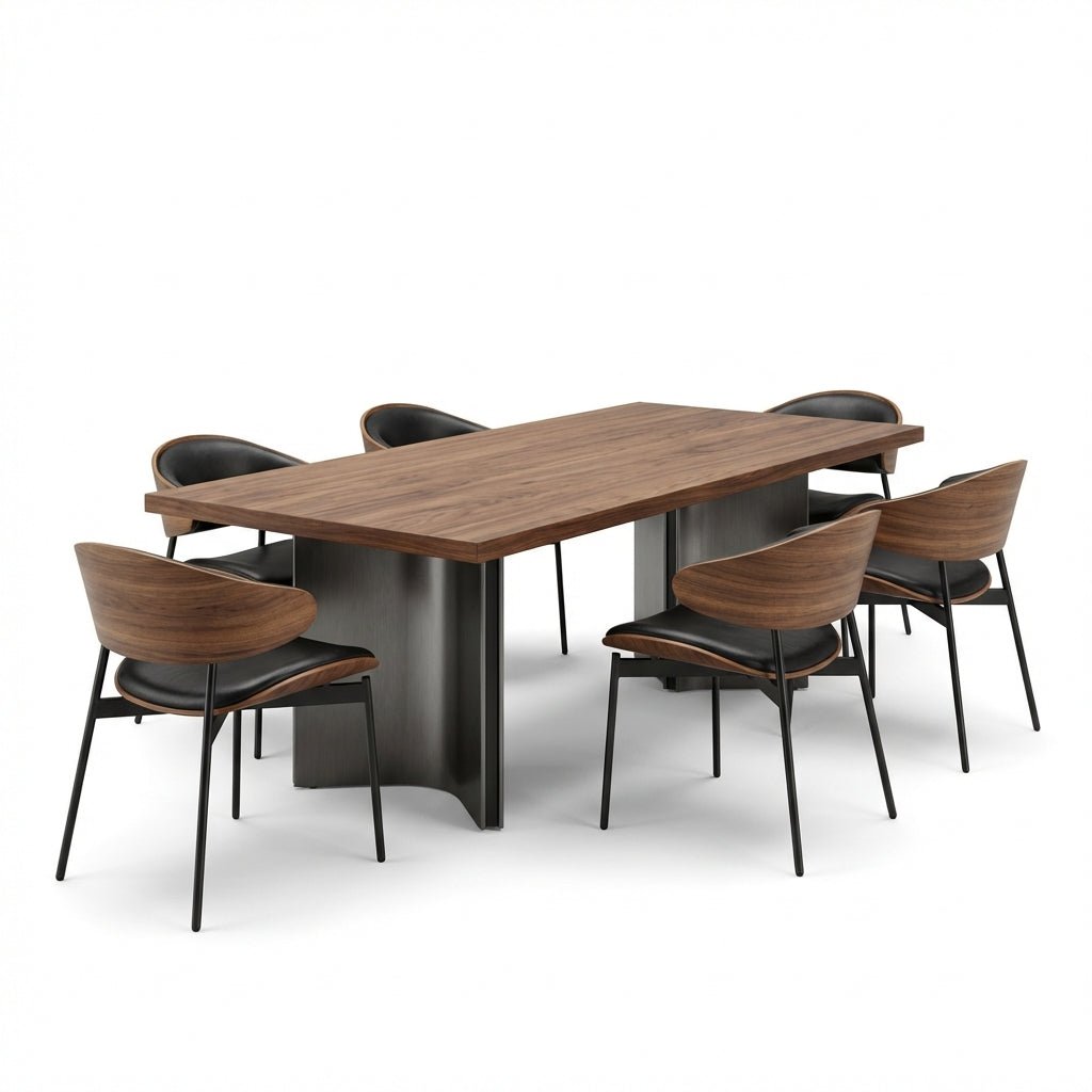 Aero Curve Walnut & Leather Dining Set with 6 Chairs - Altera