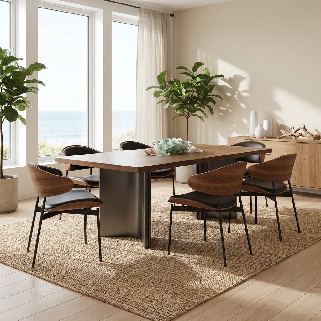 Aero Curve Walnut & Leather Dining Set with 6 Chairs - Altera
