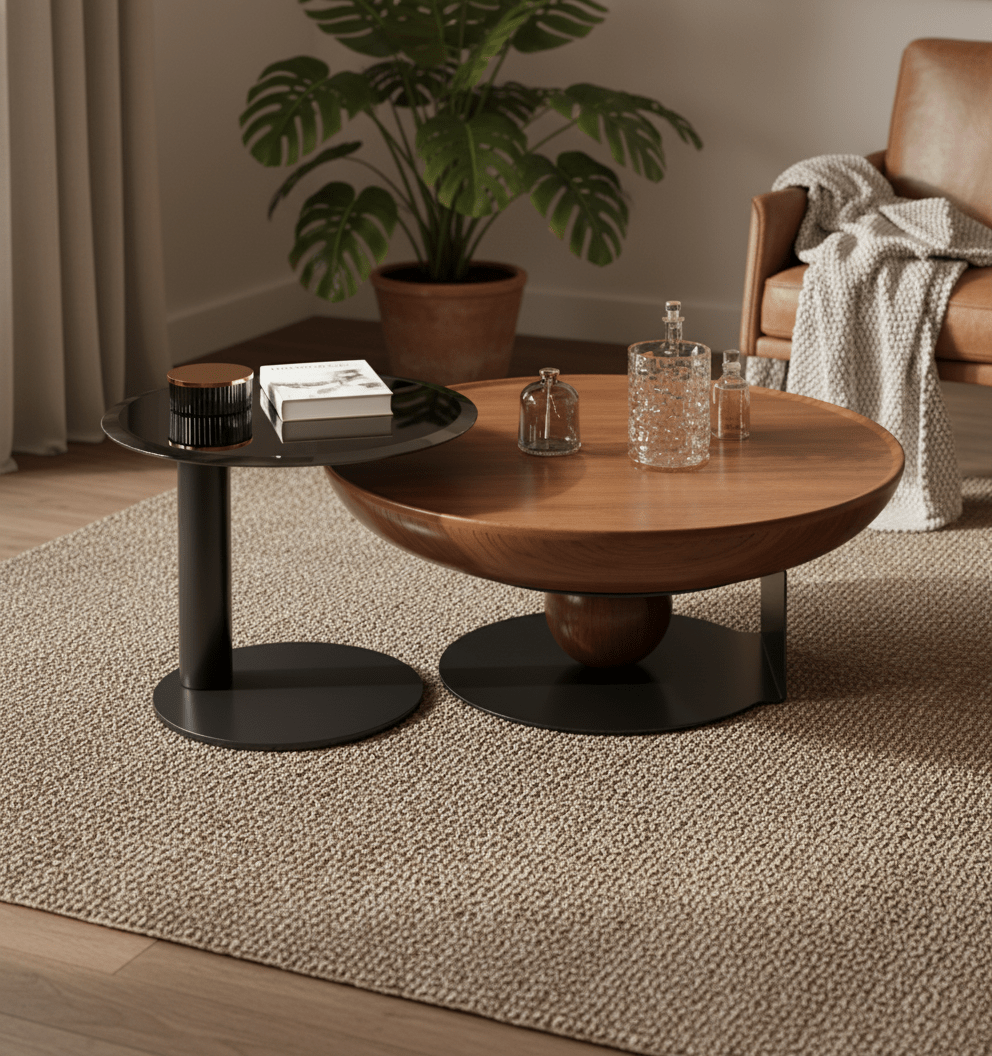 Amsterdam Coffee and Side Tables nesting set in walnut and steel — Altera Home Design Canada