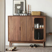 Pula SC03 Modern Ash Wood Shoe Cabinet, Walnut Finish, Glass Door