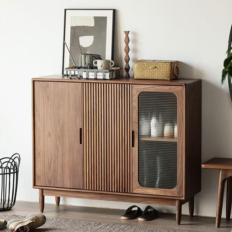 Pula SC03 Modern Ash Wood Shoe Cabinet, Walnut Finish, Glass Door