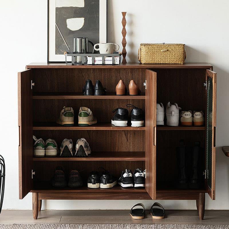 Pula SC03 Modern Ash Wood Shoe Cabinet, Walnut Finish, Glass Door