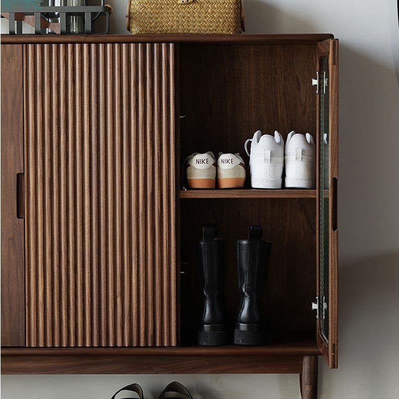 Pula SC03 Modern Ash Wood Shoe Cabinet, Walnut Finish, Glass Door