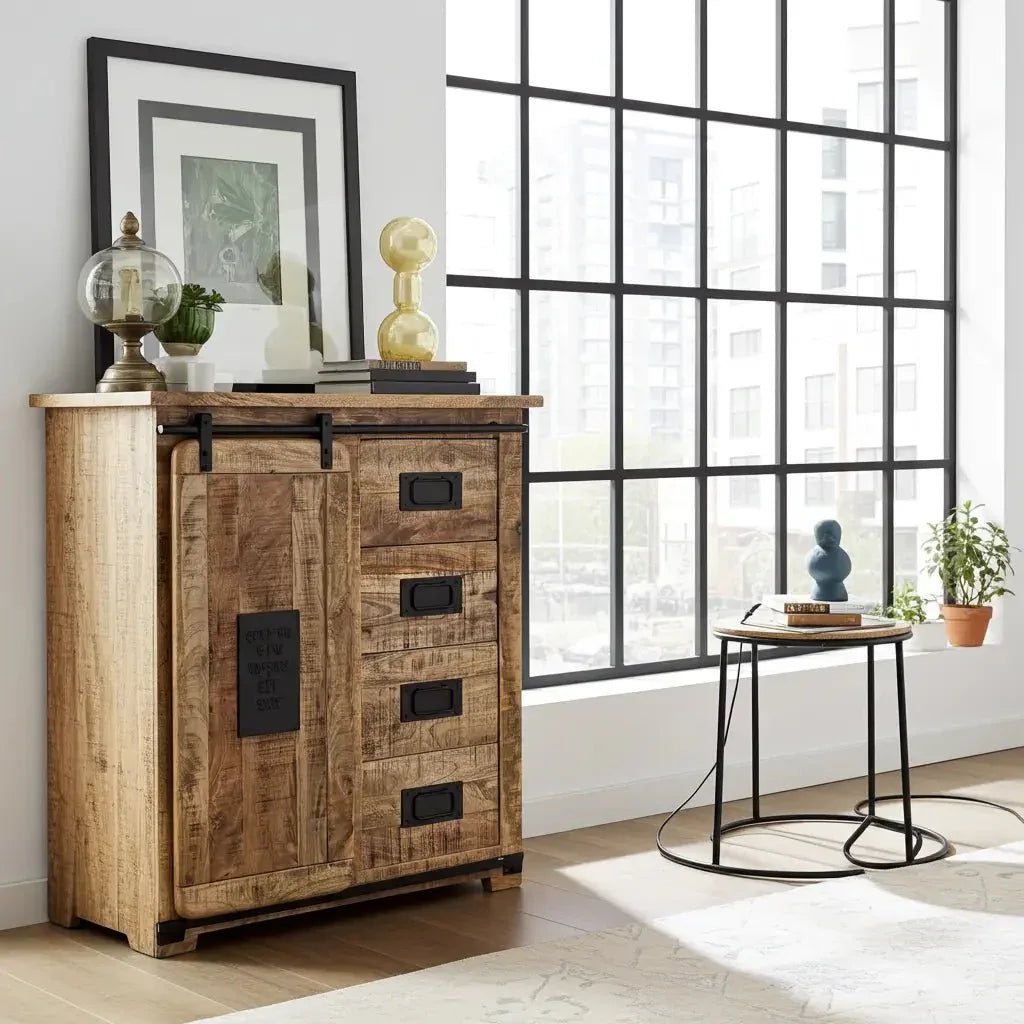 Appalachian Farmhouse Dresser in Raw Mango Wood with Sliding Door - Altera
