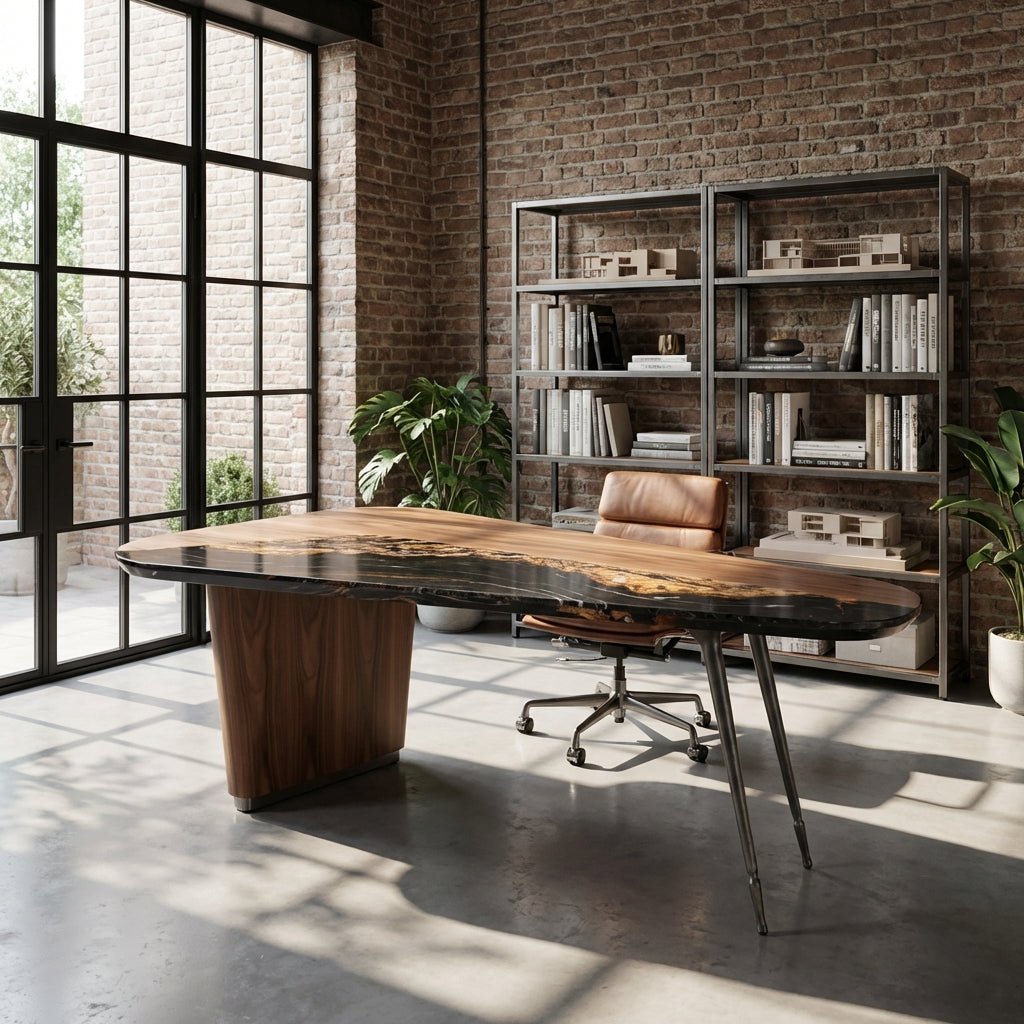 Artisan Crafted Walnut and Marble Office Desk with stainless steel legs — Altera Home Design Canada