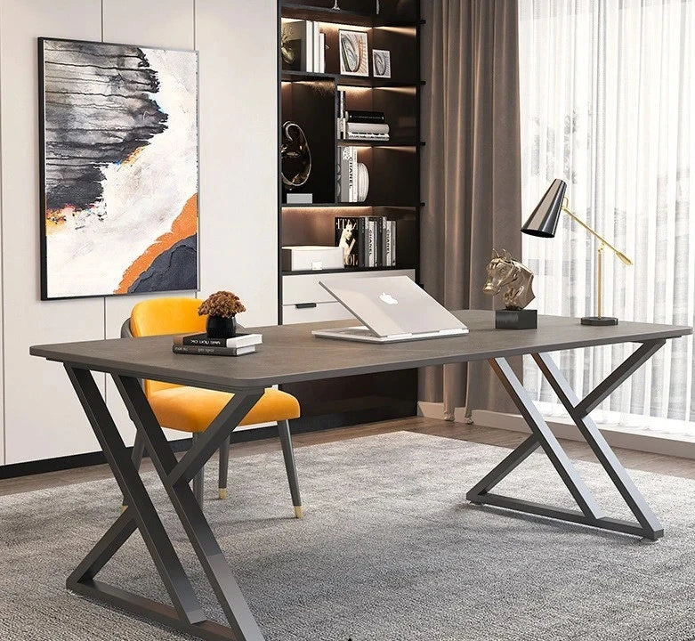 Modern MID Office Desk: X-Frame Steel Legs, Wood Top, Versatile Workspace