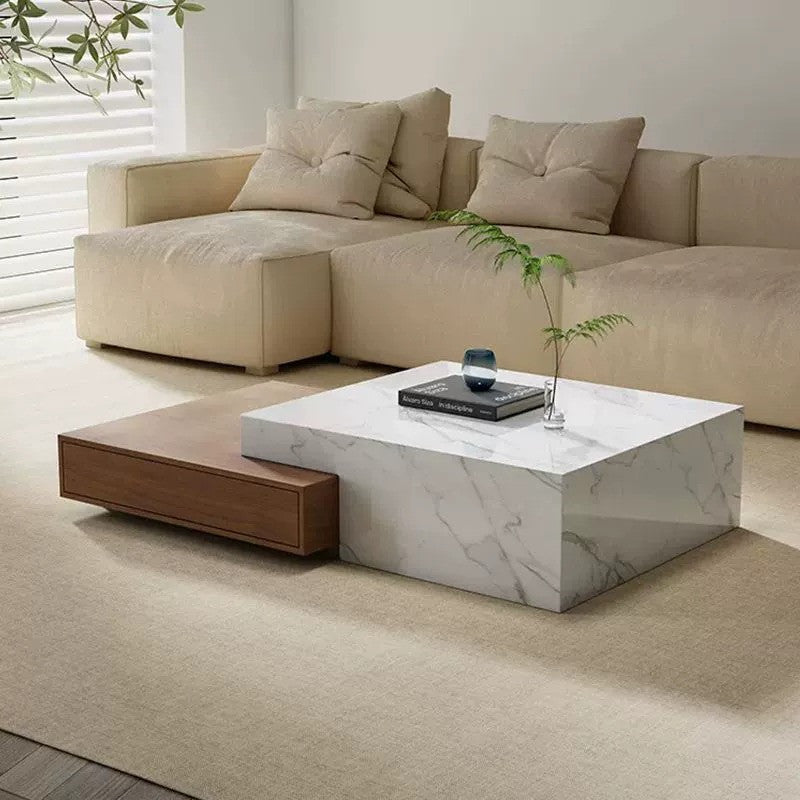 Modern Imported Coffee Table with Stone Veneer & Wood Drawers, Pula BT66